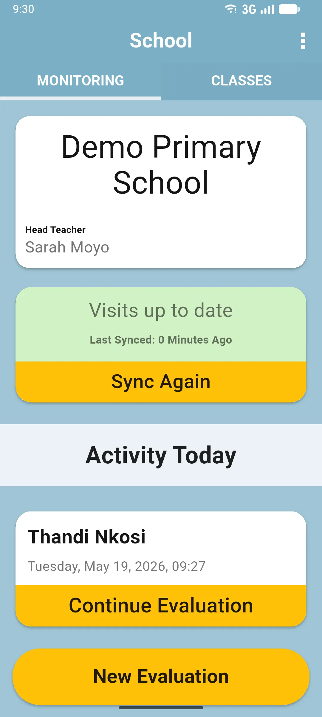 School home screen showing the Activity Today section with an in-progress evaluation card listed