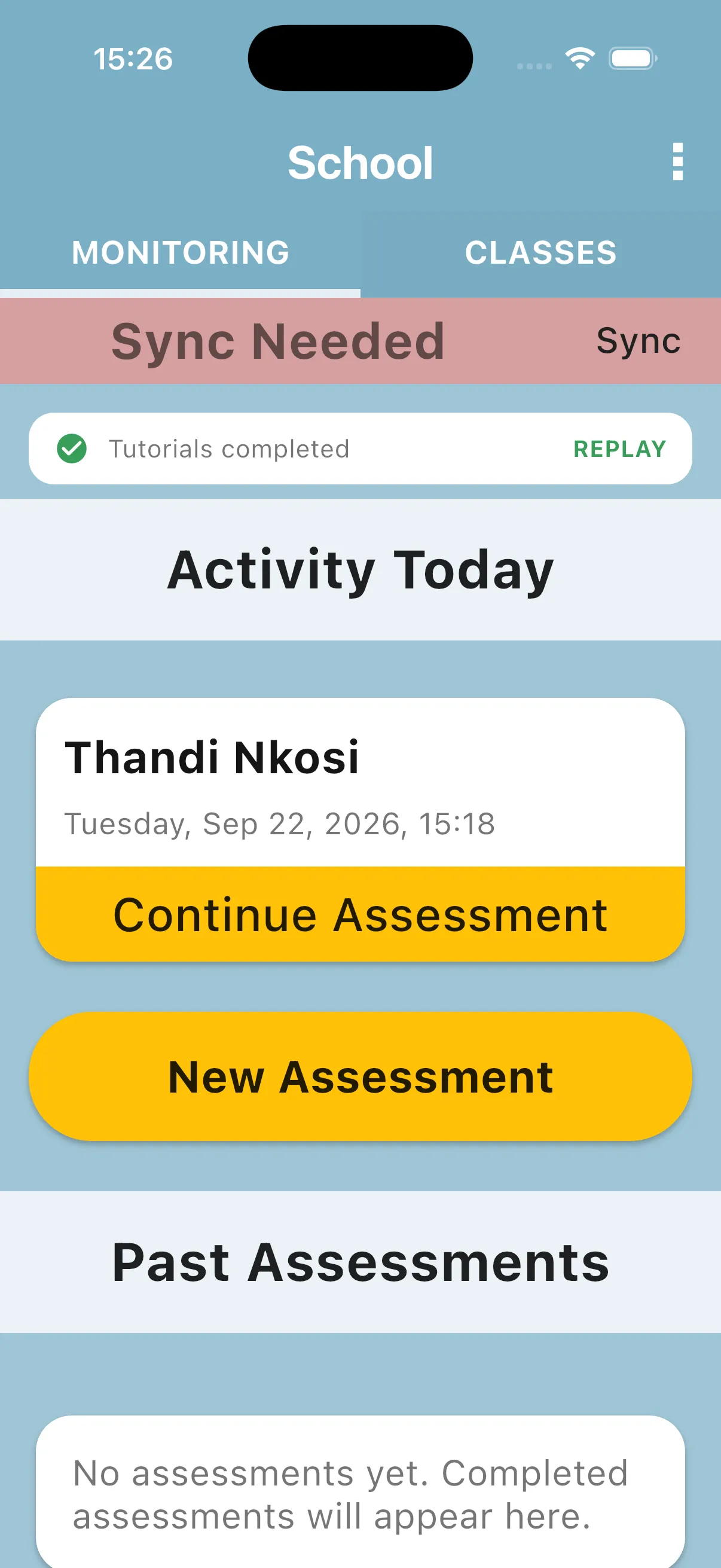 Current Activity Today card with Continue Assessment