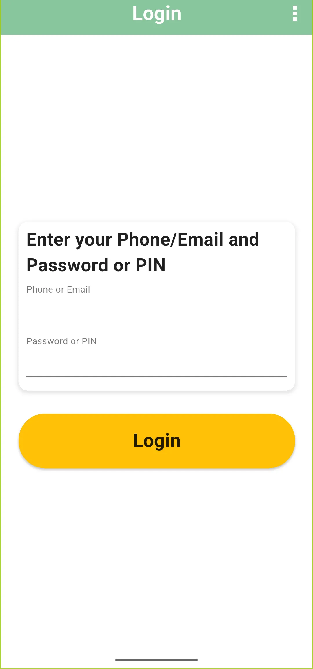 Login screen with Phone or Email and Password or PIN fields