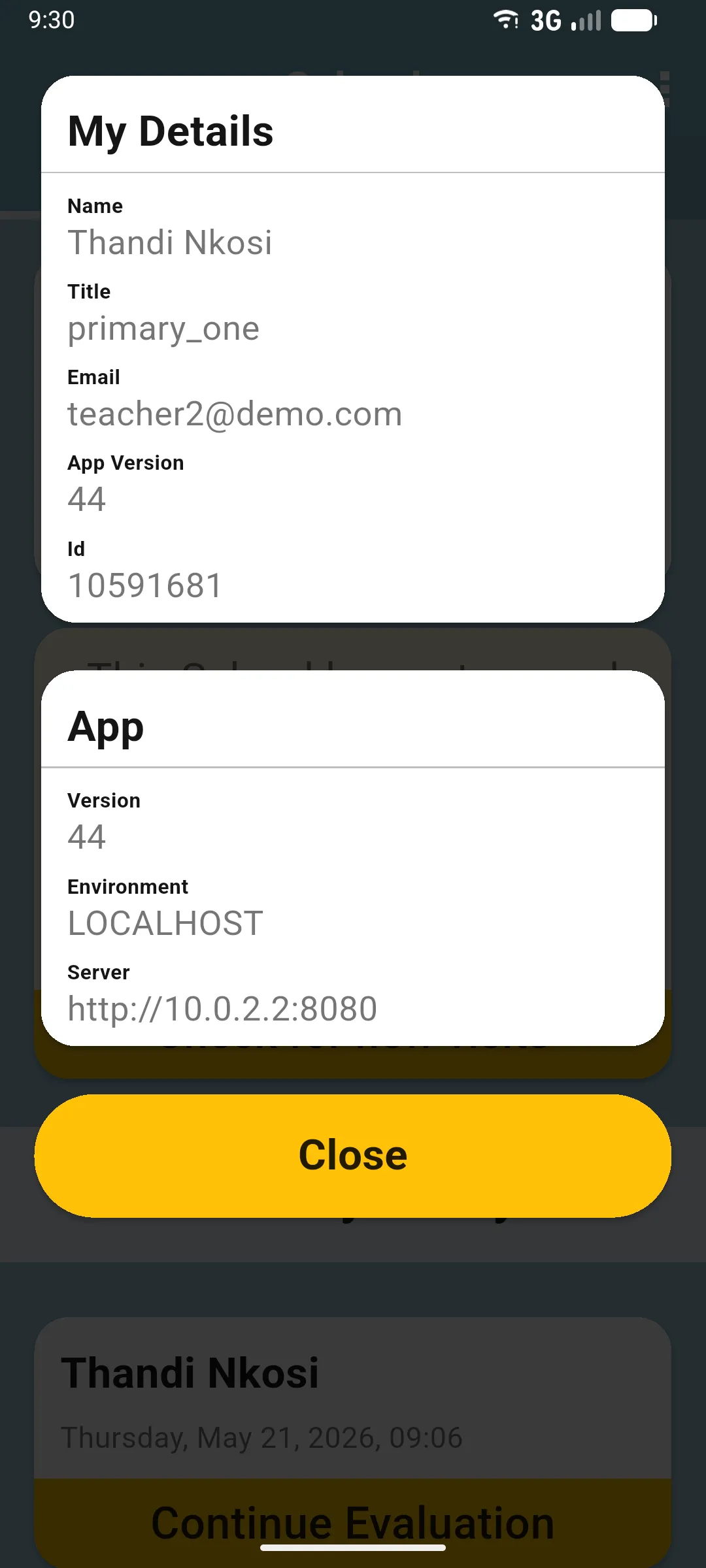 App Details modal with the My Details card (name, title, email, app version, ID) and the App card (version, environment, server)