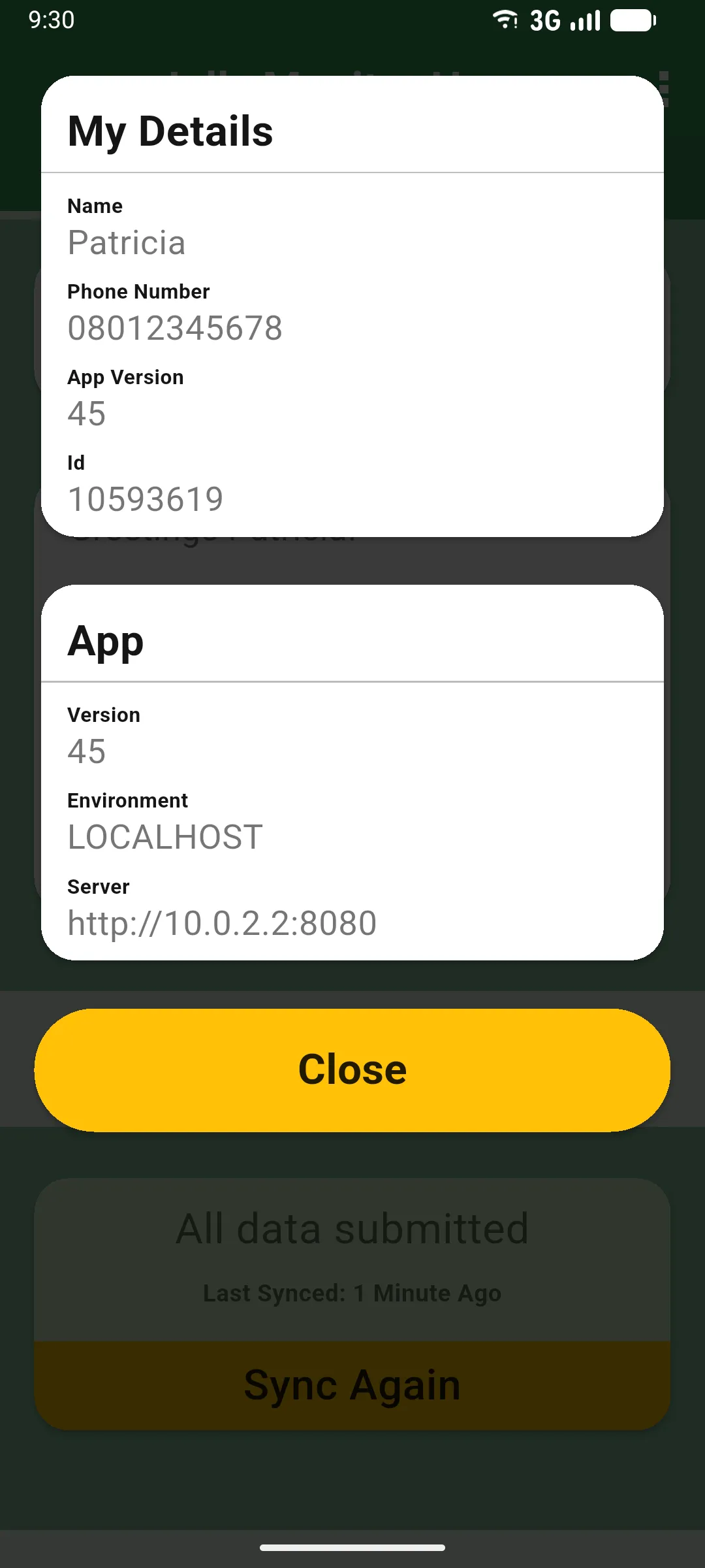 App Details modal showing Name, PIN, Phone, App Version and Id fields