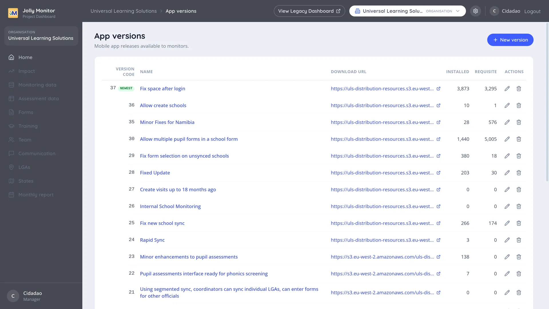 The App versions list with its version code, name, download URL, installed and requisite columns