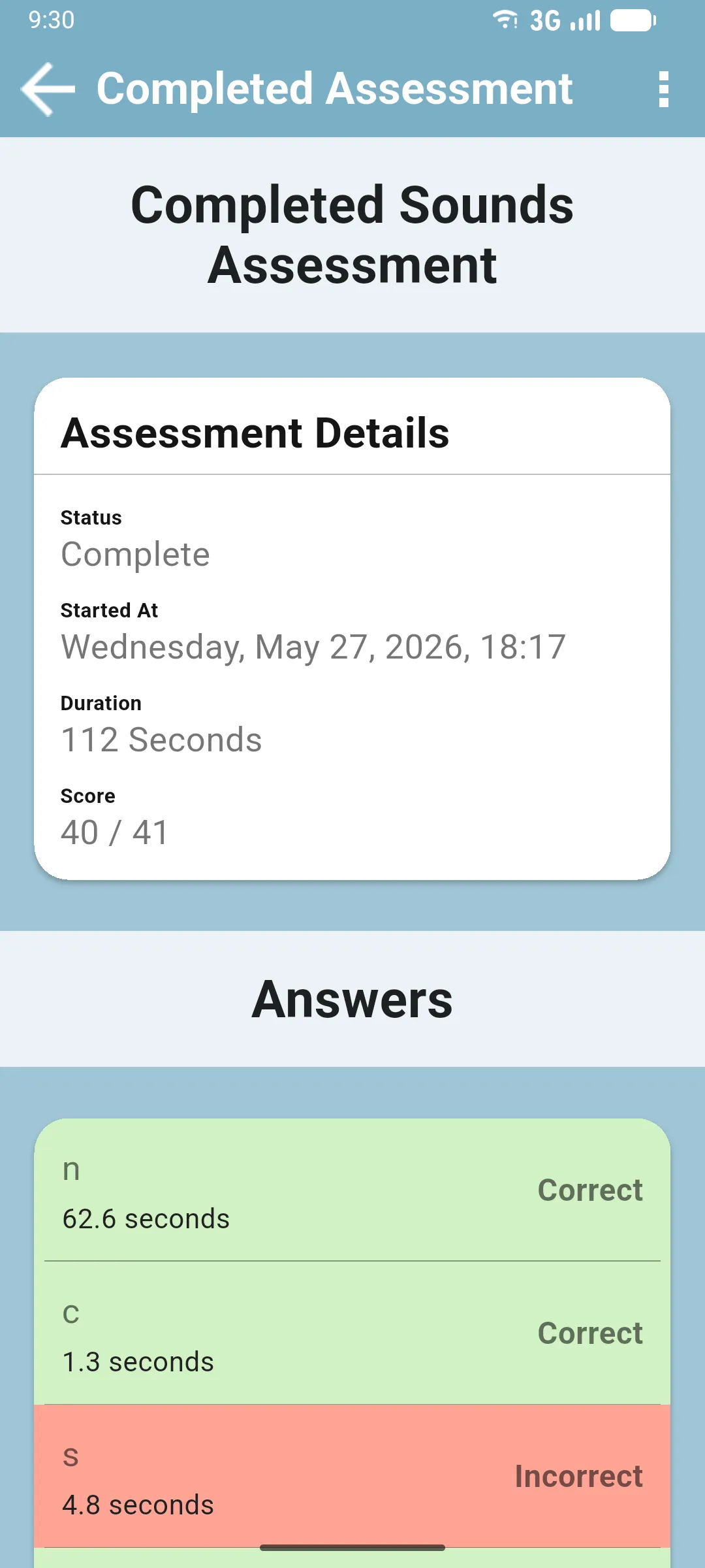 Completed Assessment screen showing status, duration, score and item-by-item answers