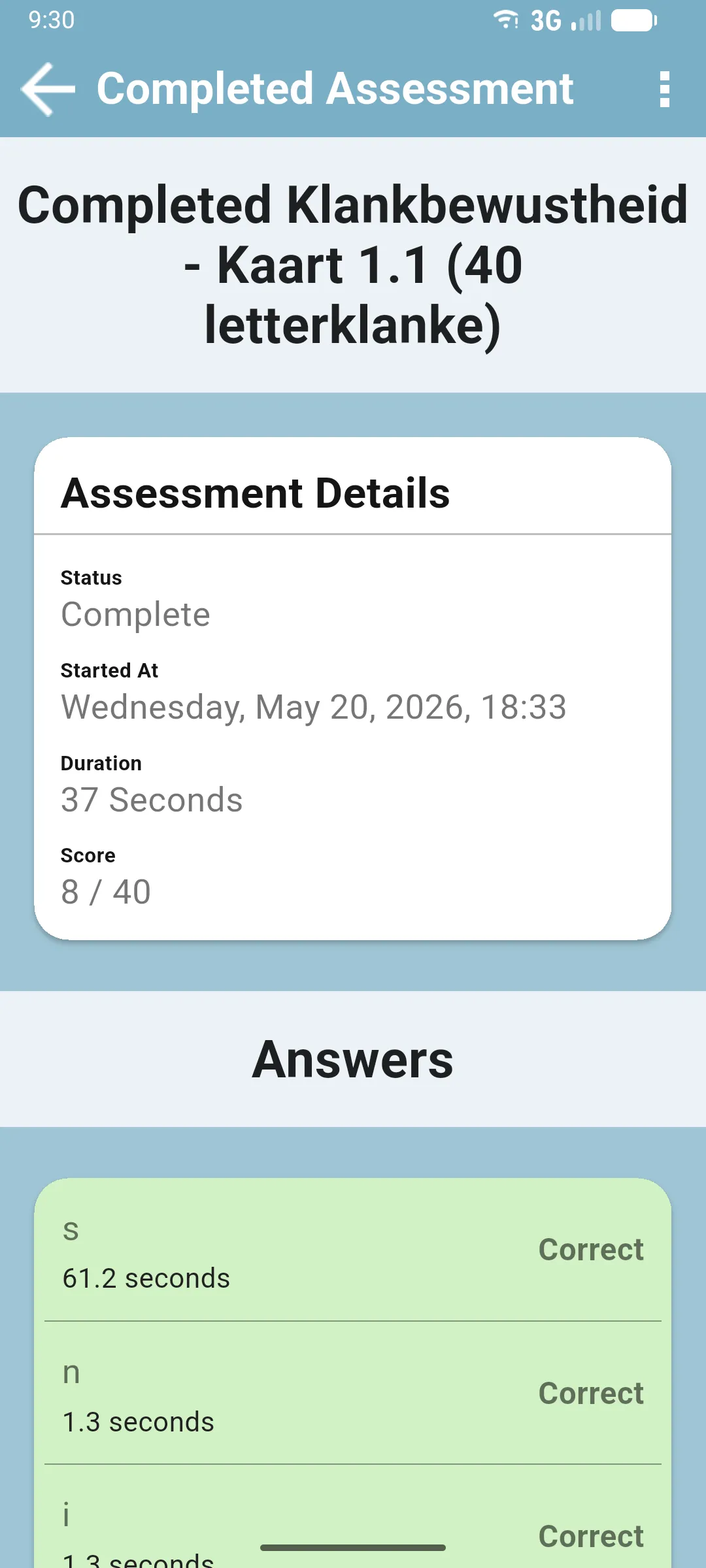 Completed Assessment screen showing status, duration, score and item-by-item answers