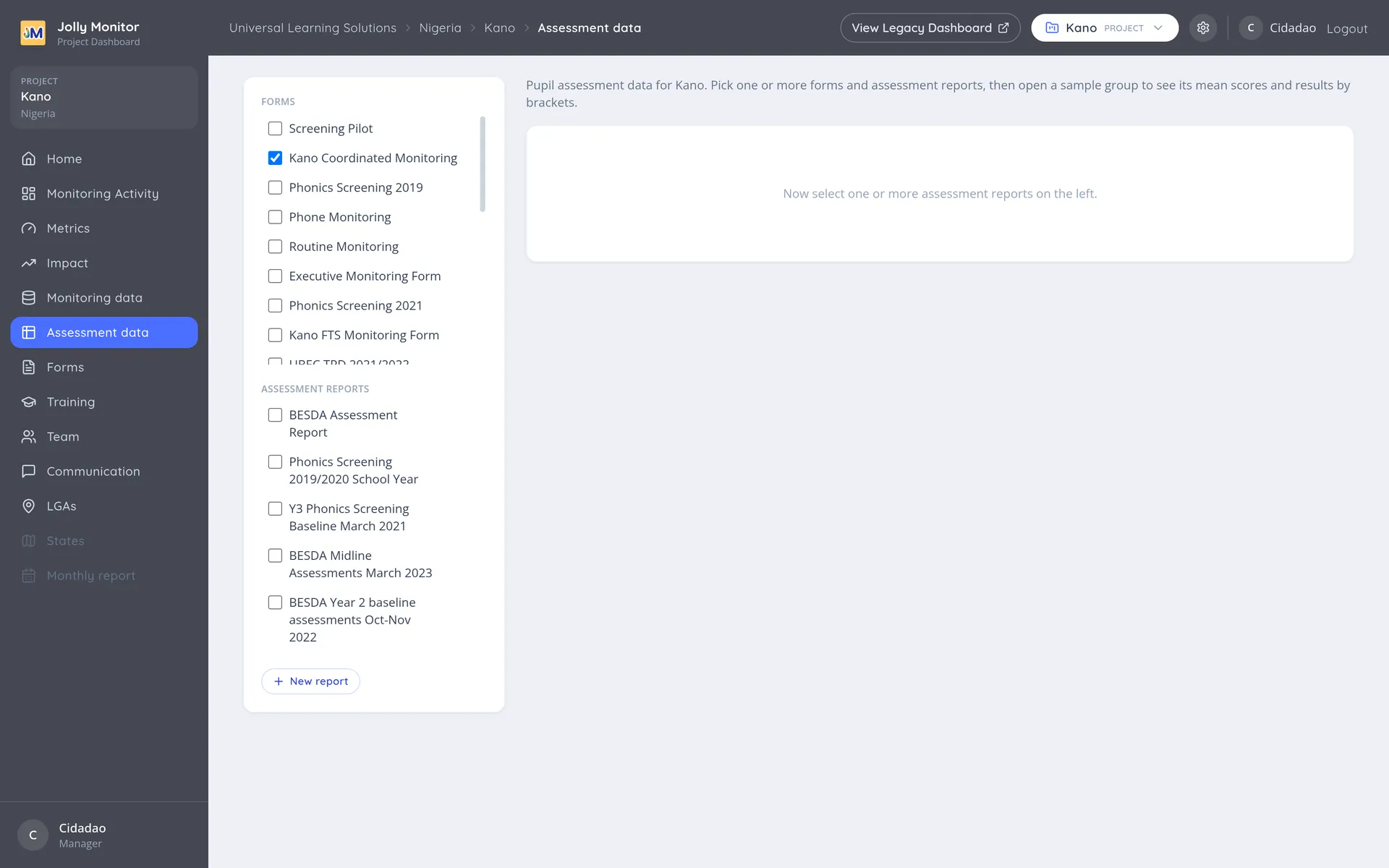 The project Assessment data page with its reports and the New report button