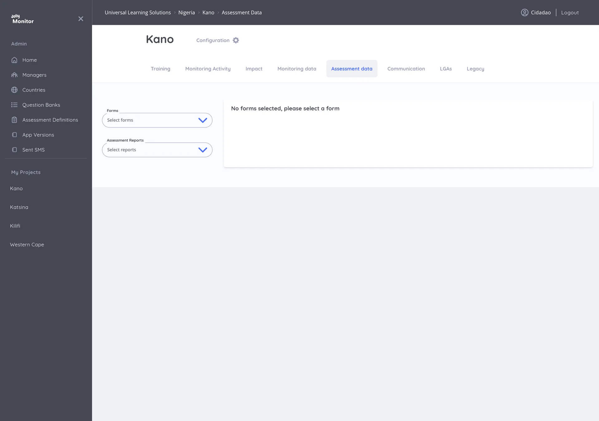 The Assessment data tab with the Forms and Assessment Reports selectors