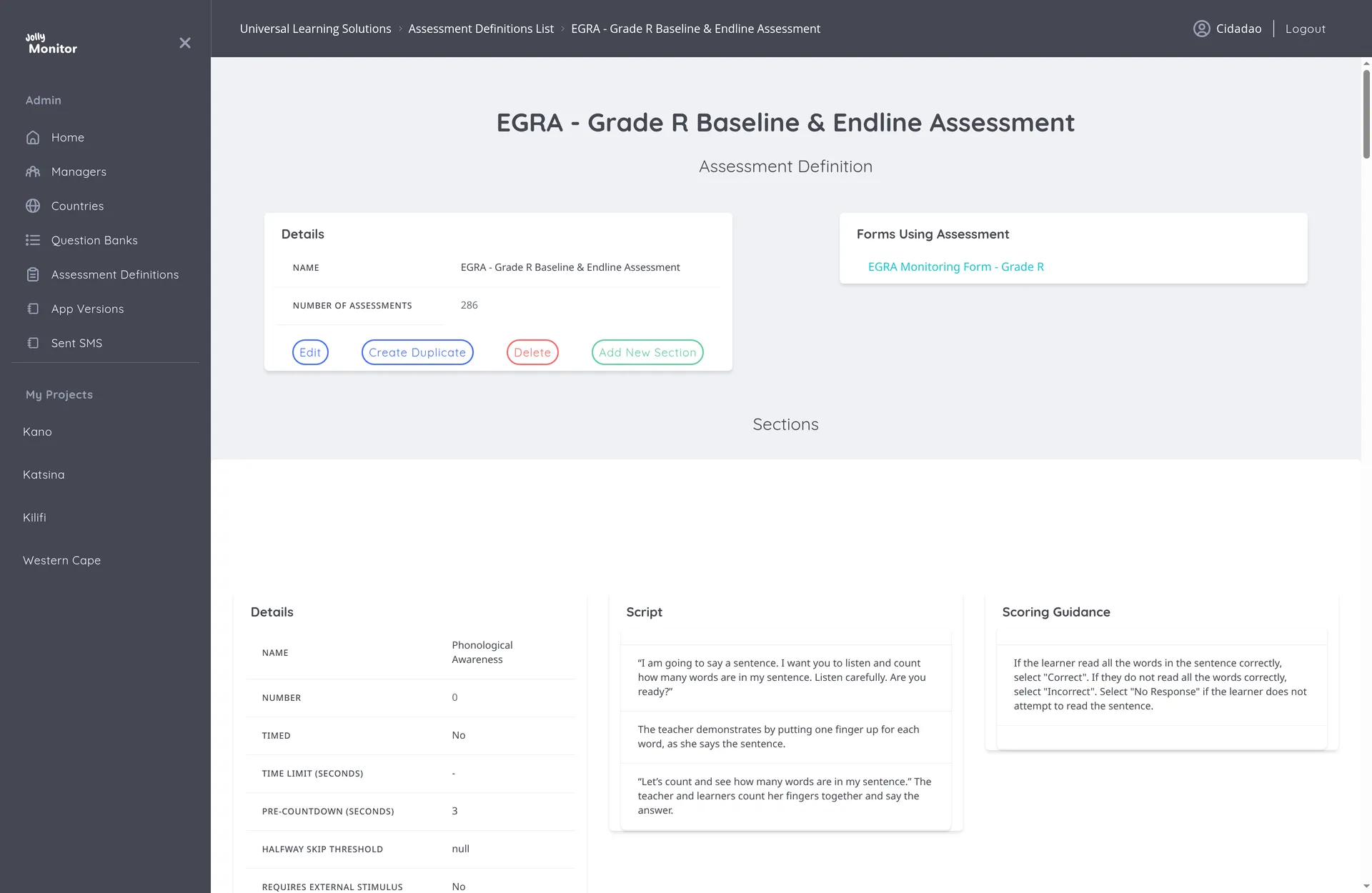 The Assessment Definition view with the Details, Forms Using Assessment and Sections cards
