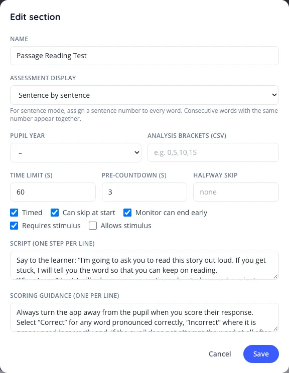 Section editor with Sentence by sentence selected in Assessment display
