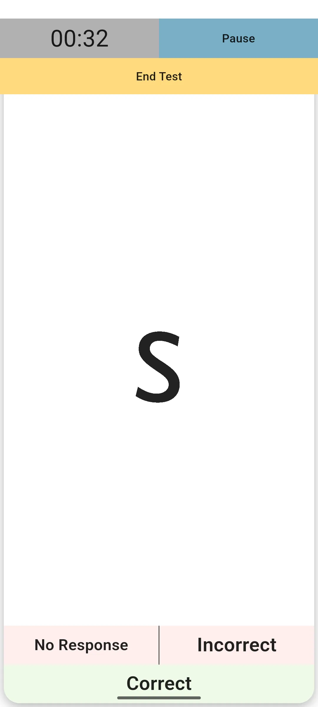 Running assessment with timer, current item and Correct, Incorrect, No Response buttons
