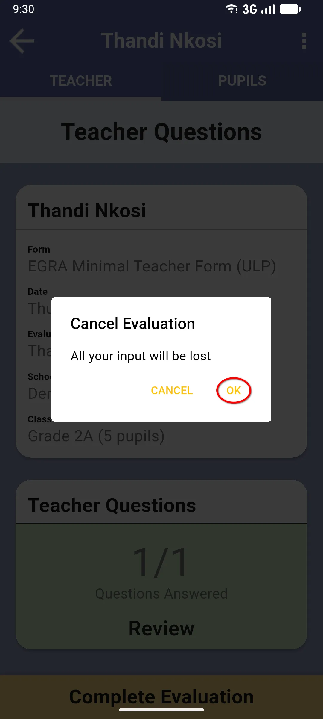 Cancel Evaluation confirmation dialog with OK and CANCEL buttons, OK highlighted