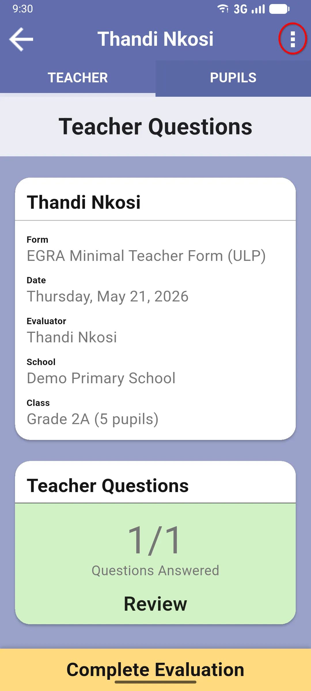 Evaluation home with the three-dot menu in the top bar highlighted