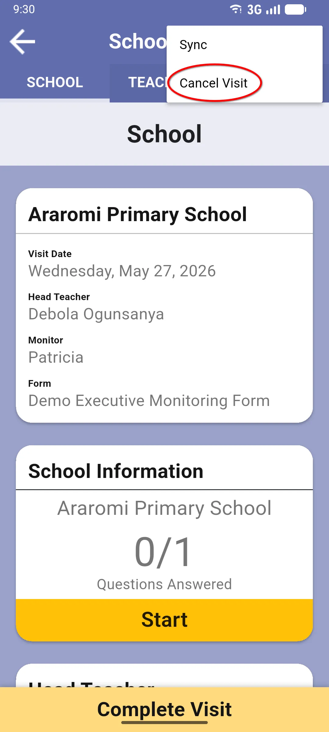 School Visit screen with the contextual menu open showing the Sync and Cancel Visit options, with Cancel Visit highlighted in red