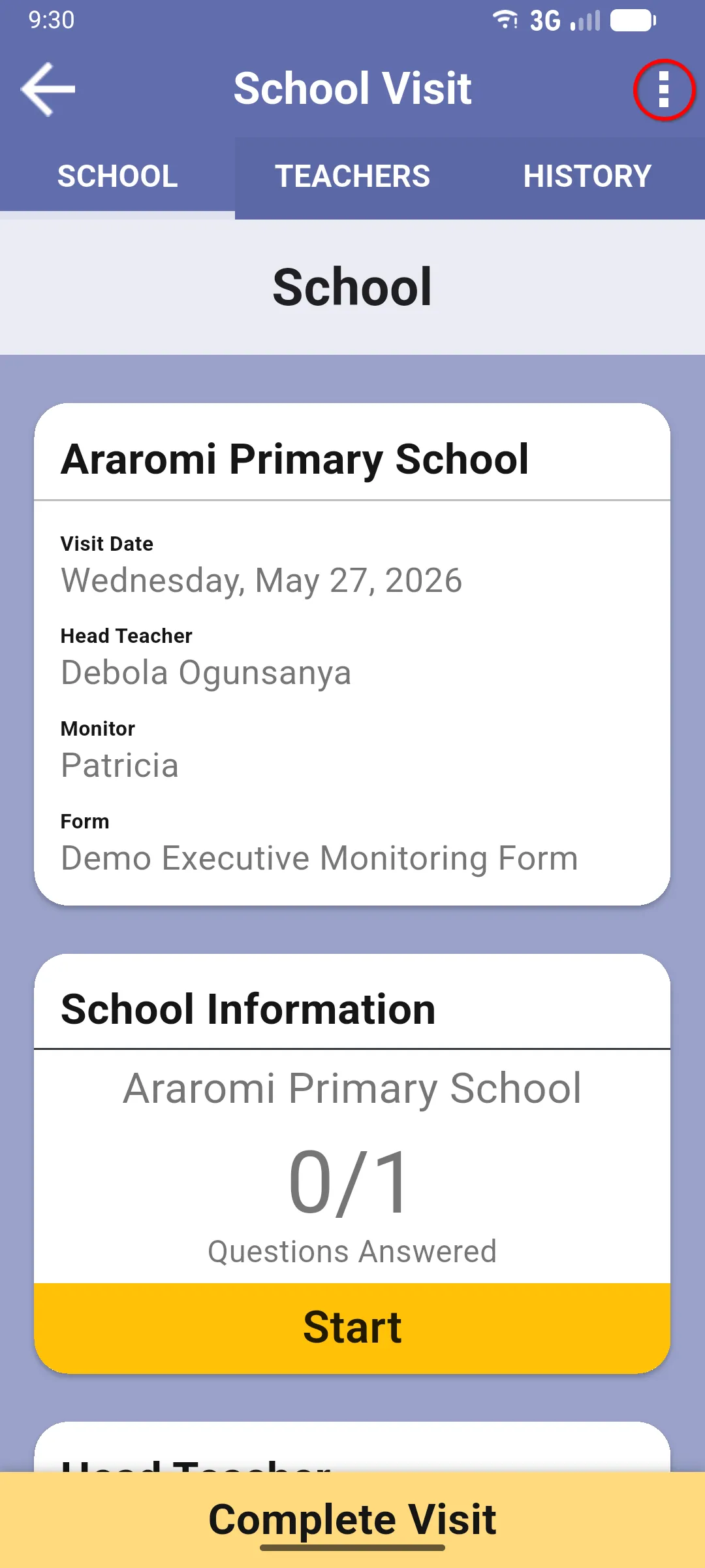 School Visit screen with the three-dot menu in the top right highlighted in red