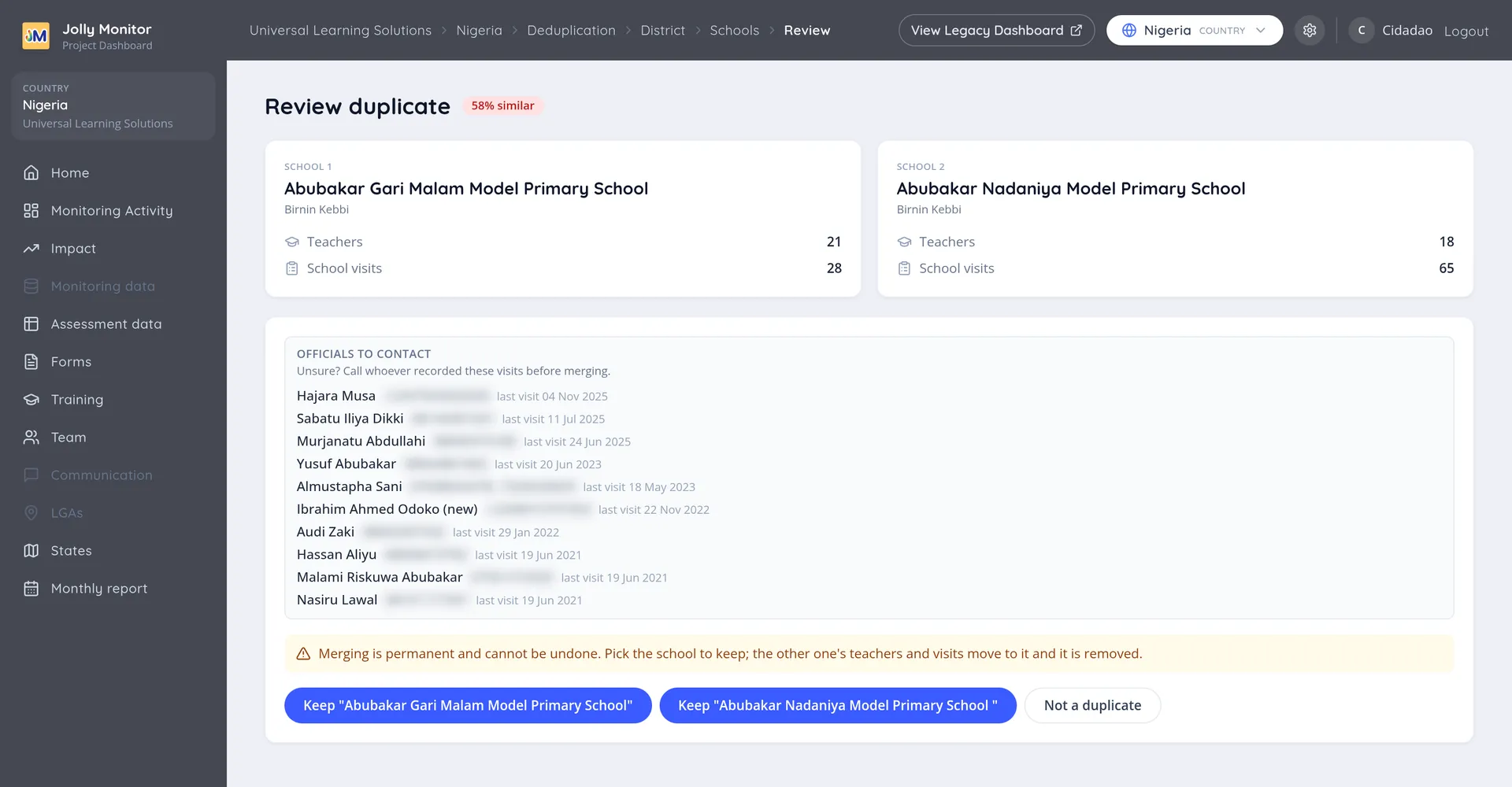 A duplicate review page showing the two records side by side with their counts and the decision buttons