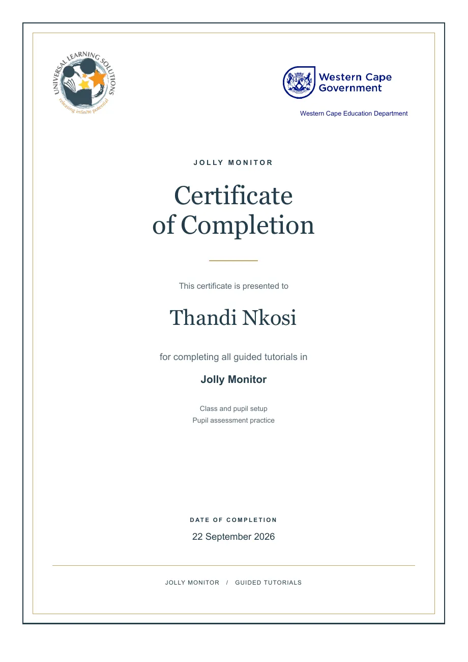 Example A4 tutorial certificate with ULS and WCED logos