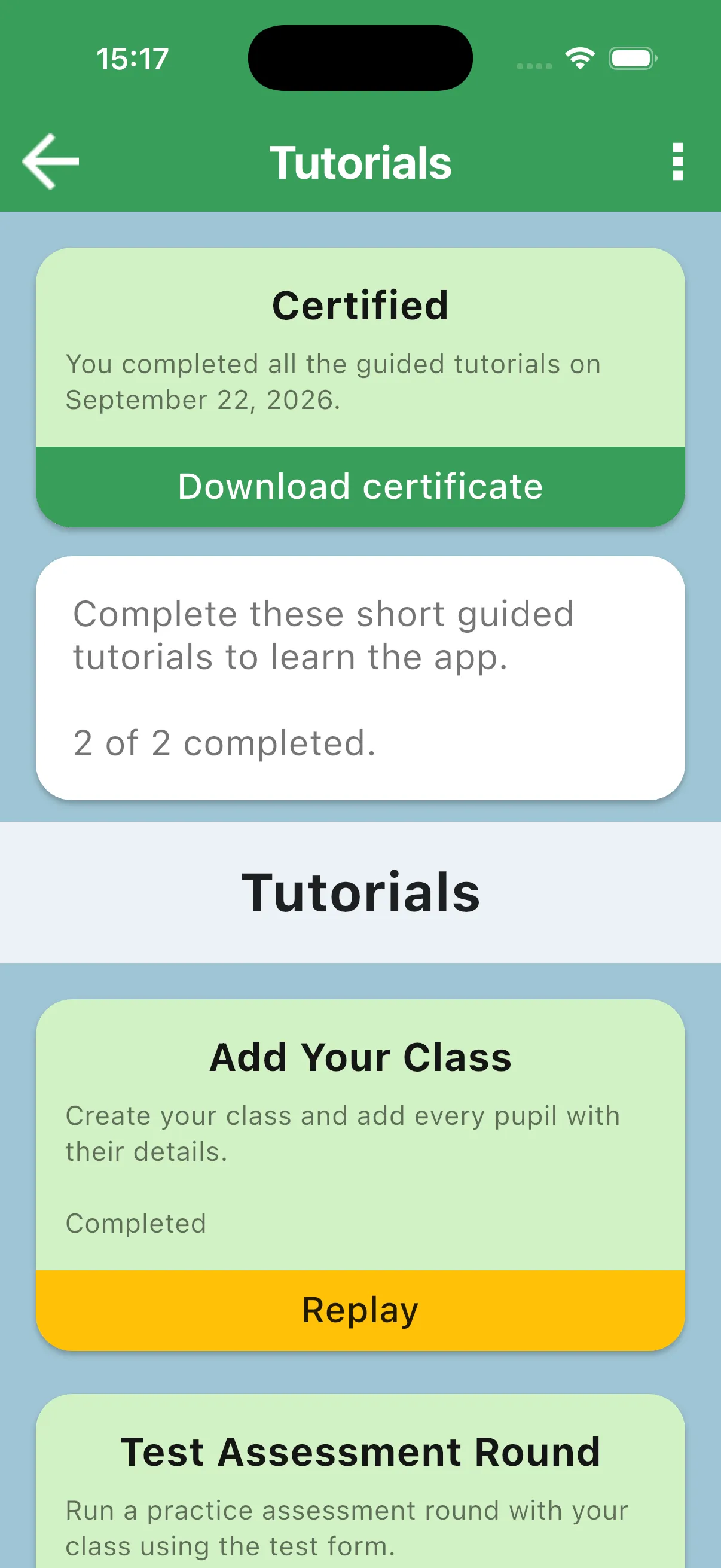 Certified card with Download certificate after tutorial completion
