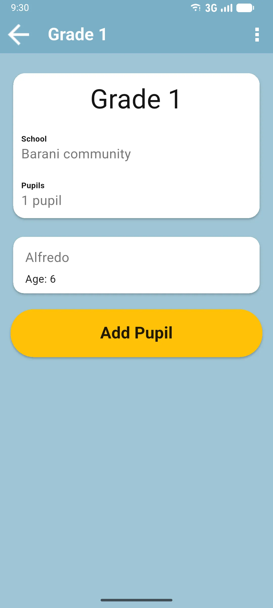 Class detail screen showing the class name, school, pupil count, a pupil card with name and age, and an Add Pupil button