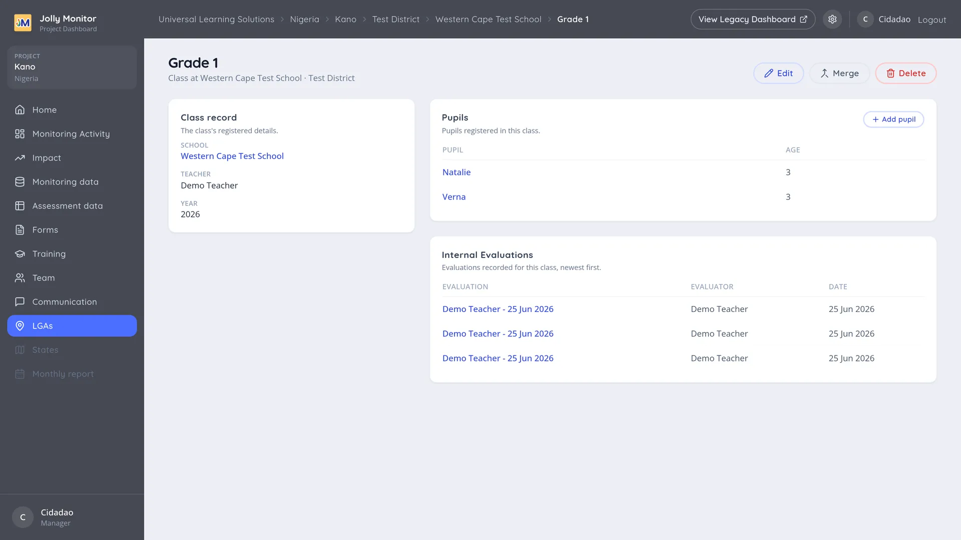 A class page with its record, its pupils and its internal evaluations
