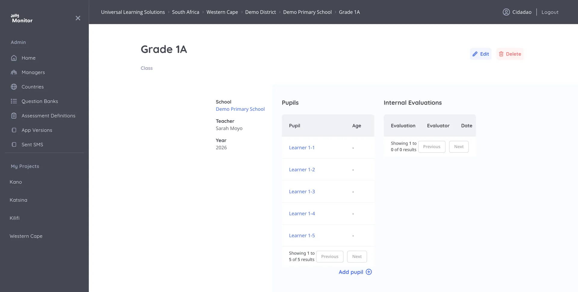 The Class page with its details, the Pupils table and the Internal Evaluations table