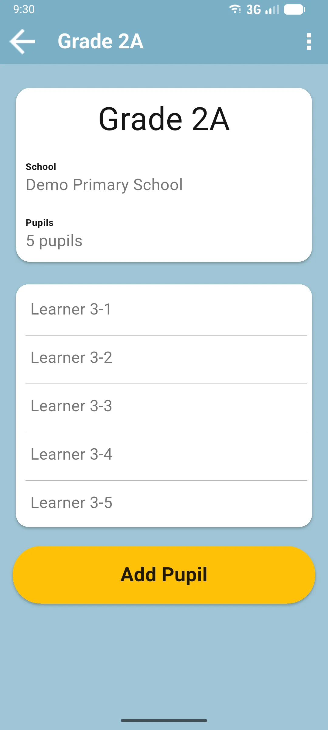 Class detail screen with school, pupil count, pupil list and Add Pupil button