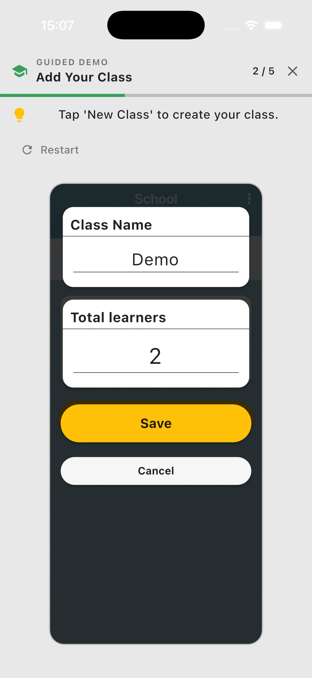 Practice class form with separate Class Name and Total learners fields