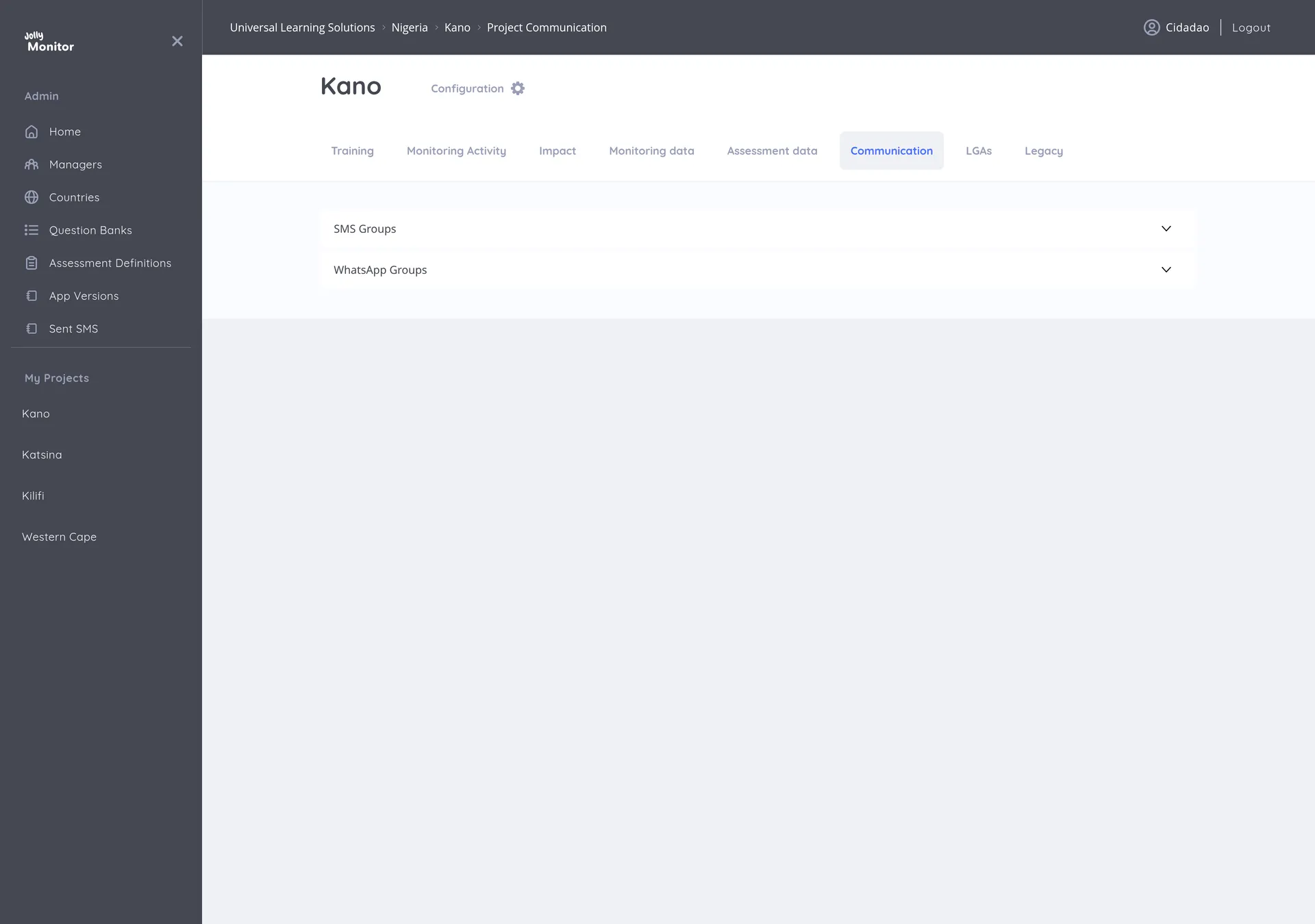 The Communication tab with its SMS Groups and WhatsApp Groups panes