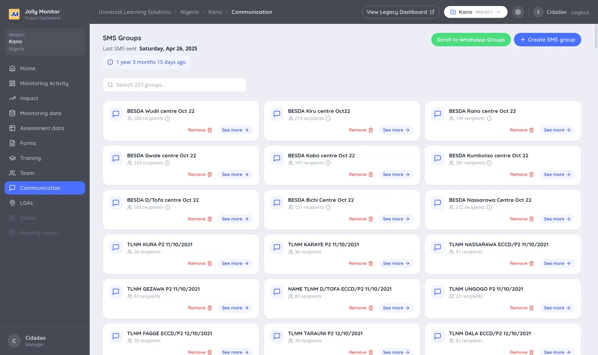 The Communication page with the SMS group cards and their recipient counts