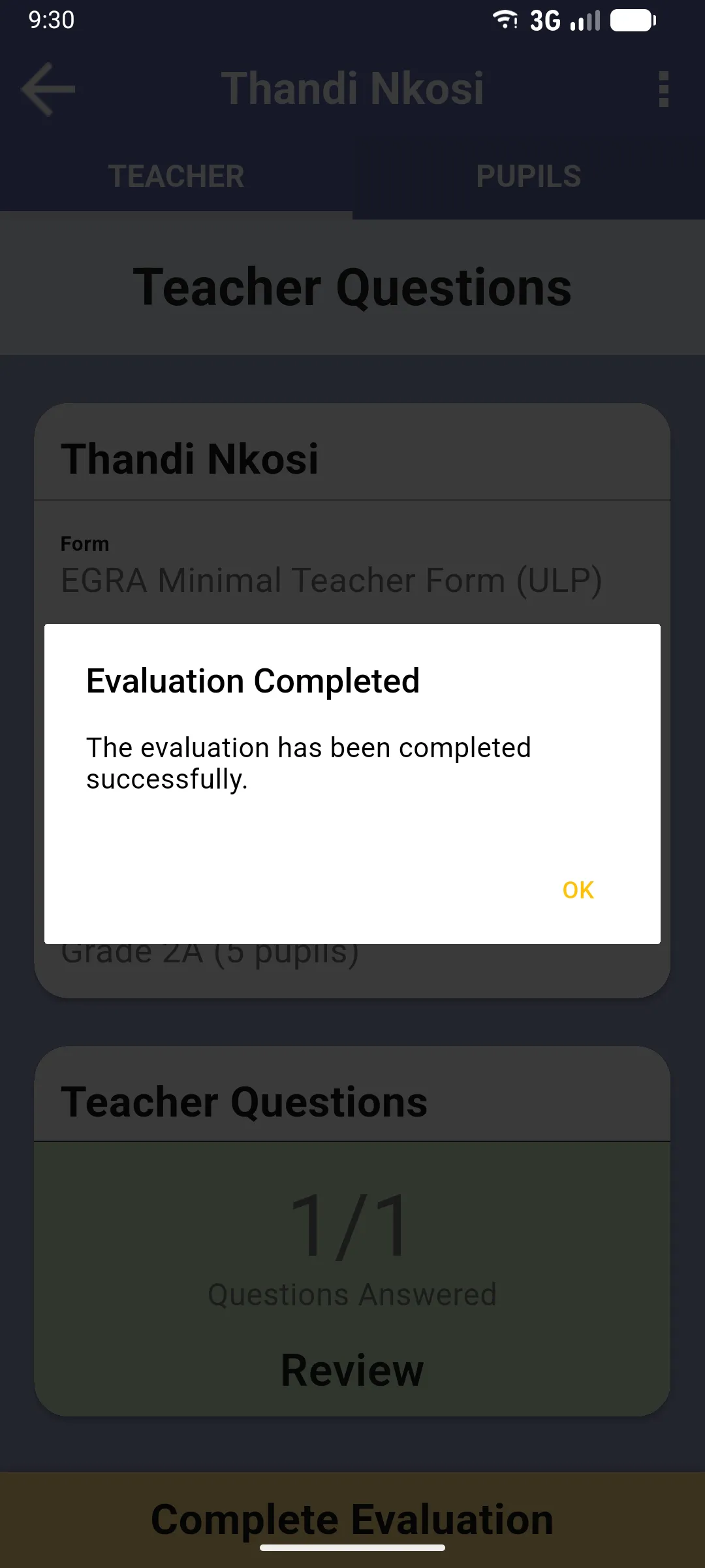 Evaluation Completed dialog confirming the evaluation has been completed successfully with an OK button