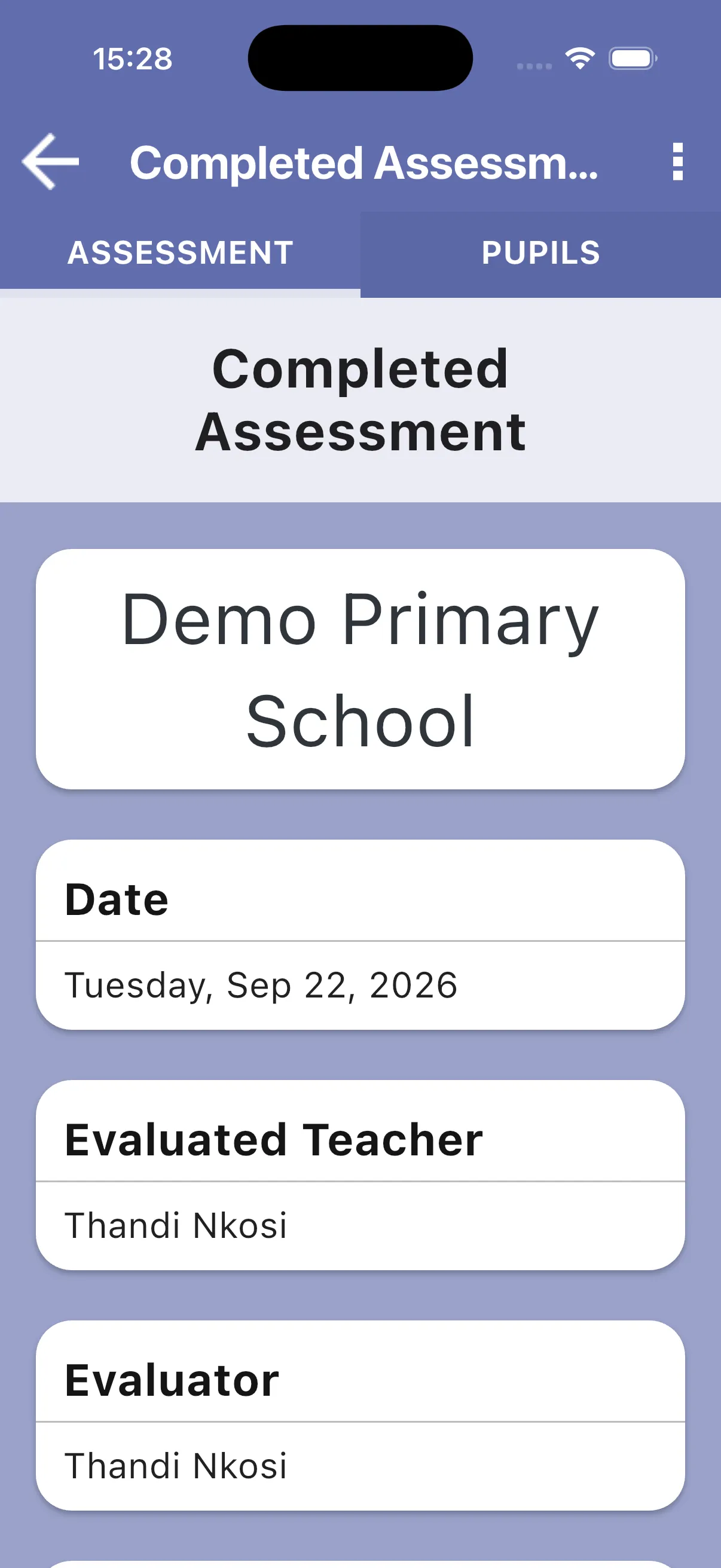 Completed round with ASSESSMENT and PUPILS tabs
