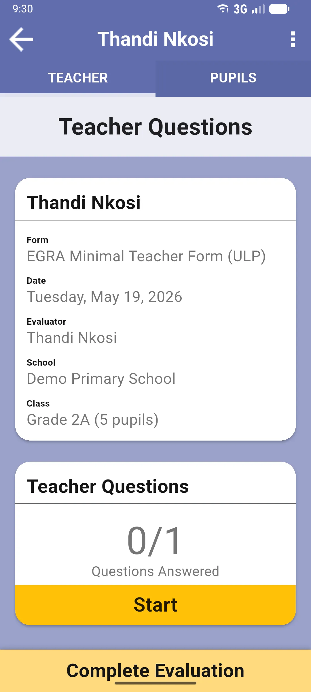 Evaluation home with the Teacher details card and the Teacher Questions progress card showing one question answered