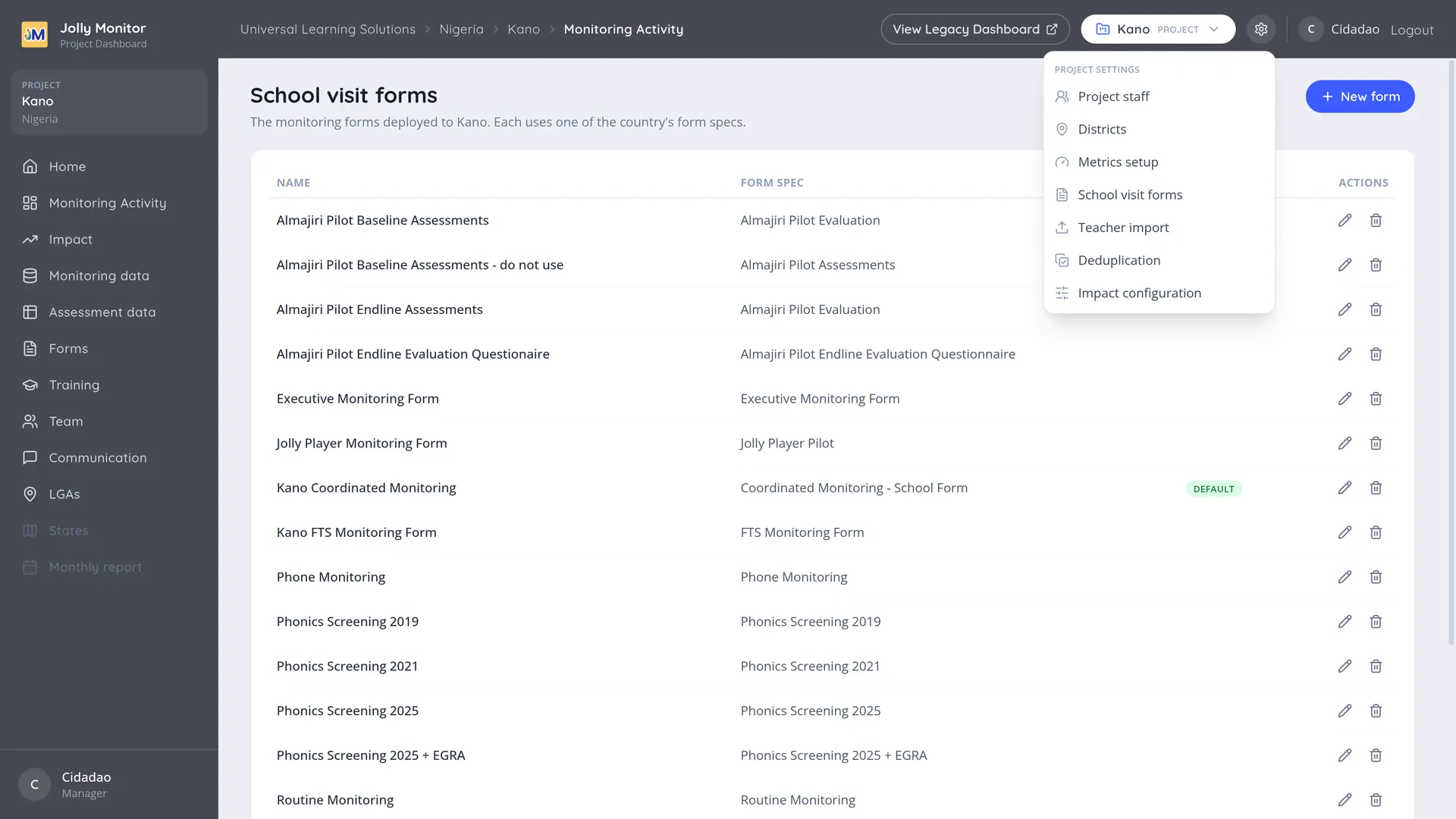 The project settings menu open, listing its setup pages
