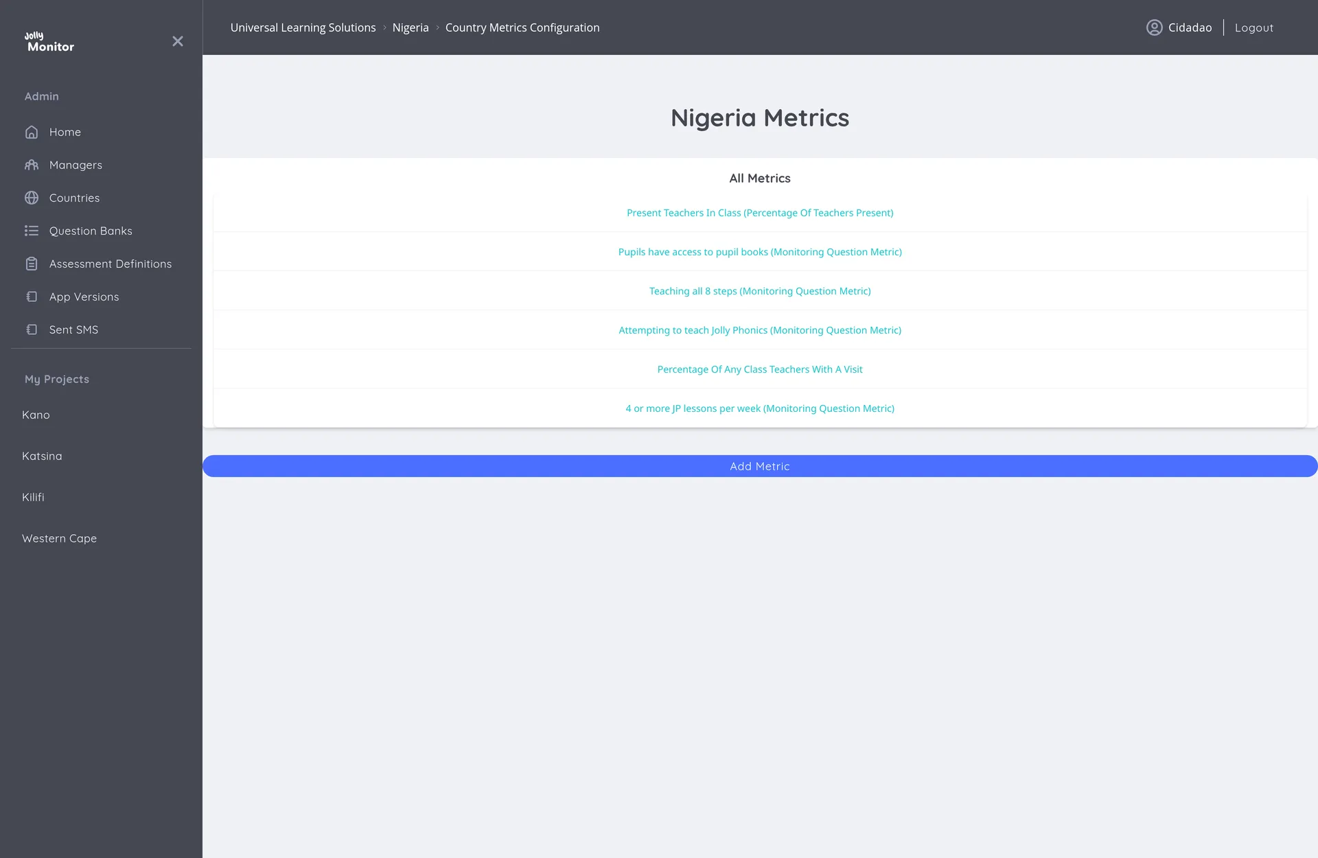 The Country Metrics Configuration page with the metrics table and the Add Metric control