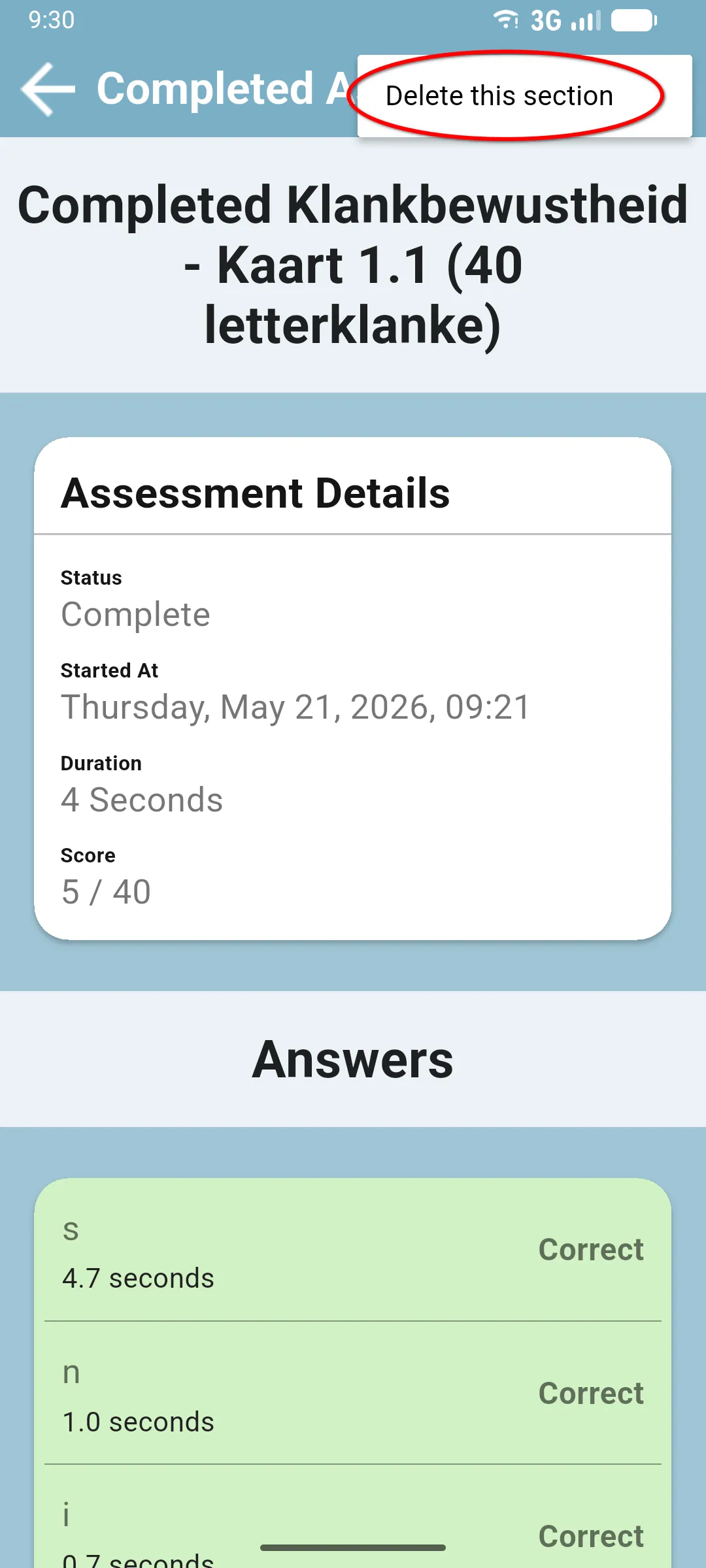 Three-dot menu open with the Delete this section option highlighted