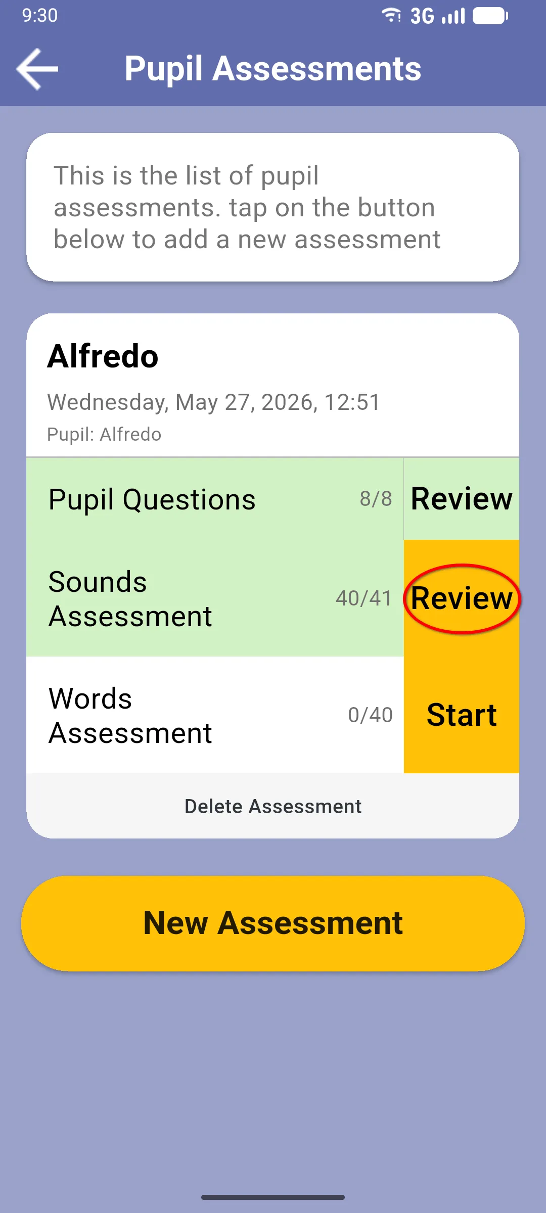 Pupil assessment home with the Review button of a section highlighted