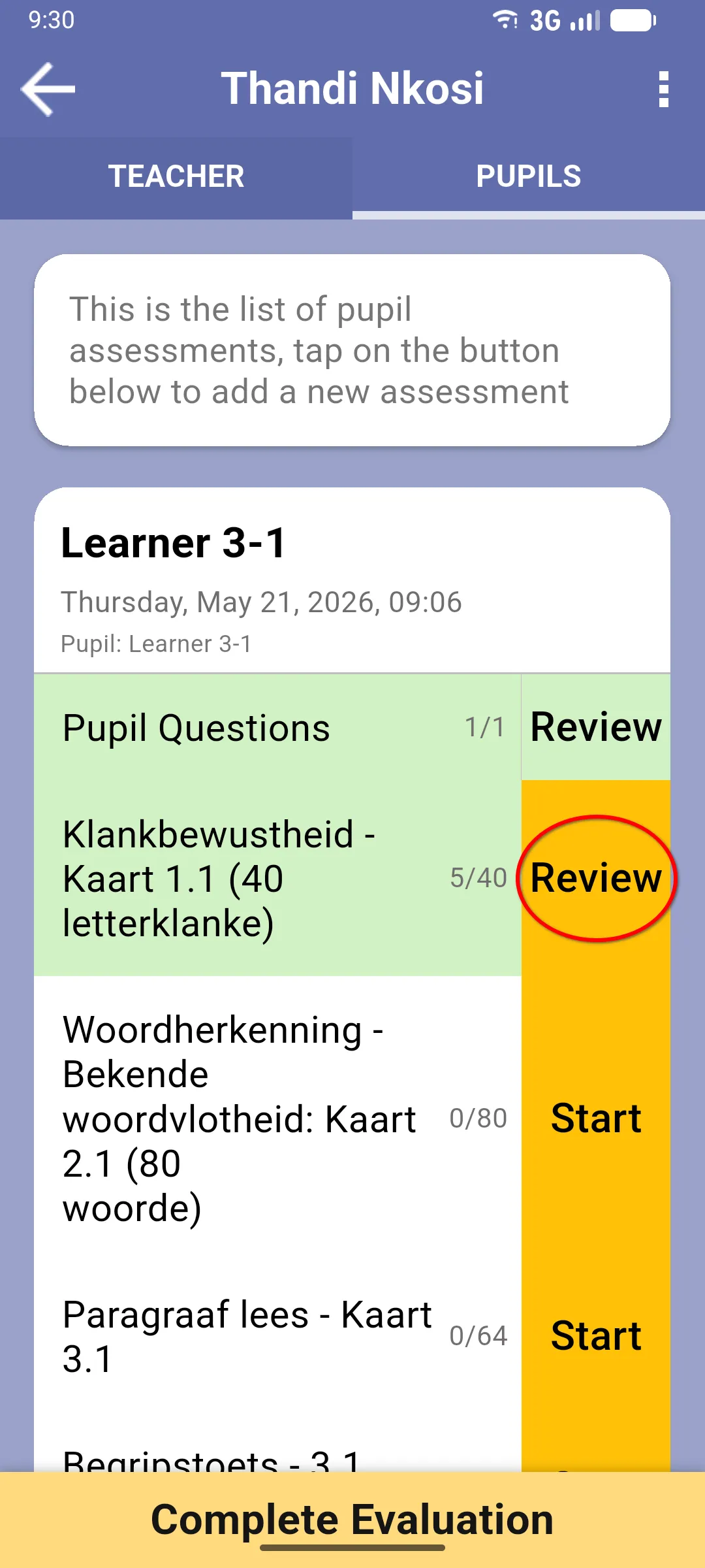 Pupil assessment home with the Review button of a section highlighted