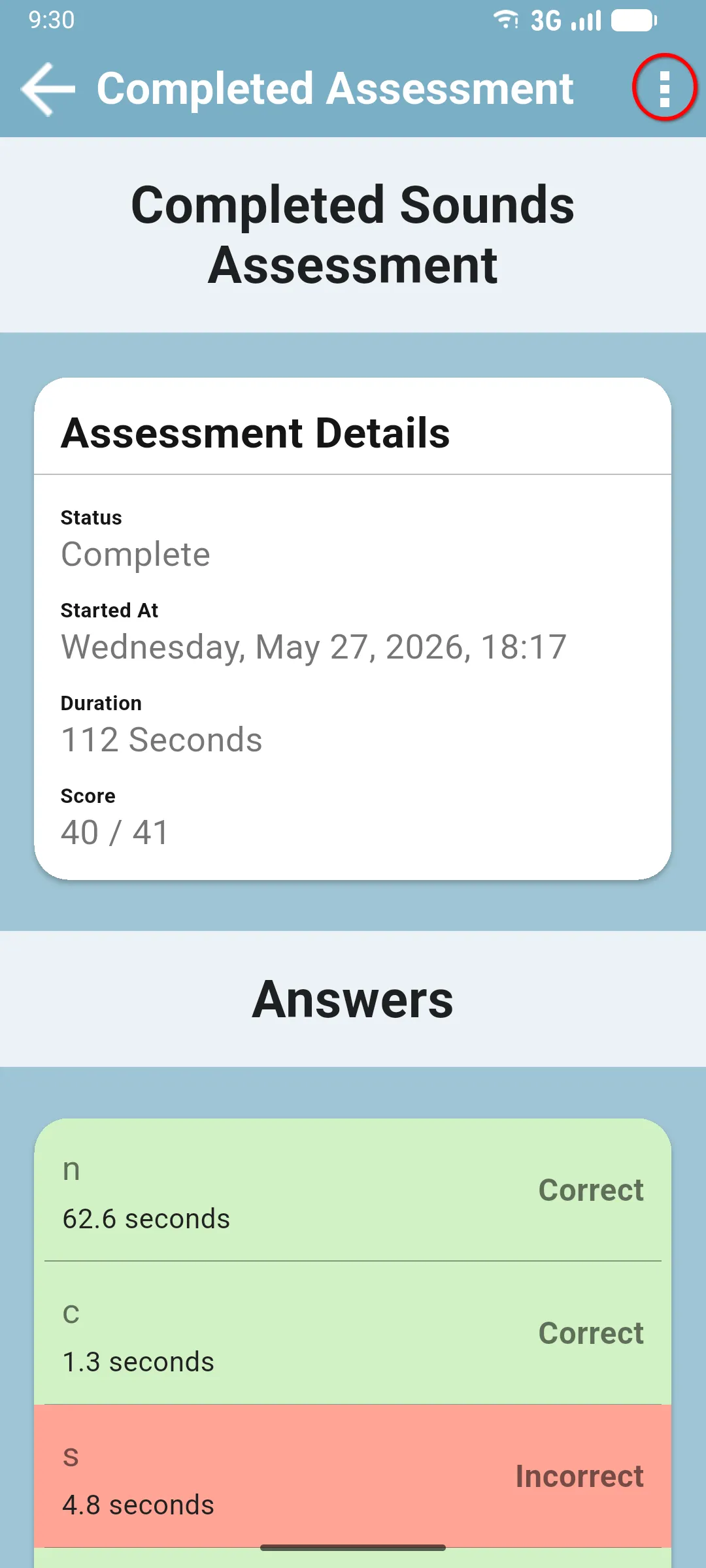 Completed Assessment screen with the three-dot menu in the top bar highlighted