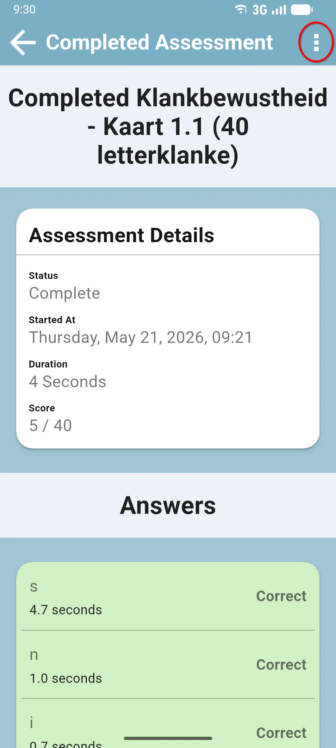 Completed Assessment screen with the three-dot menu in the top bar highlighted