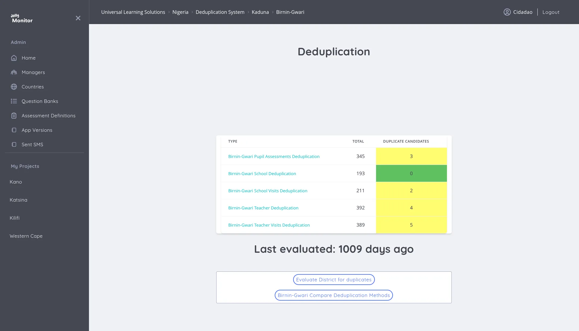An evaluated district Deduplication System page, with the results table, the last-evaluated line and the Evaluate District for duplicates button