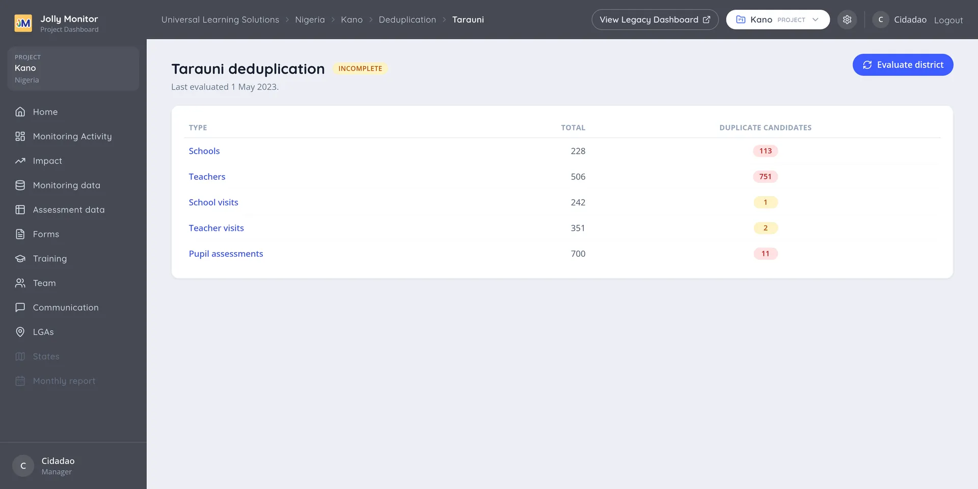 A district deduplication page with its status, last evaluated date, Evaluate district button and results table