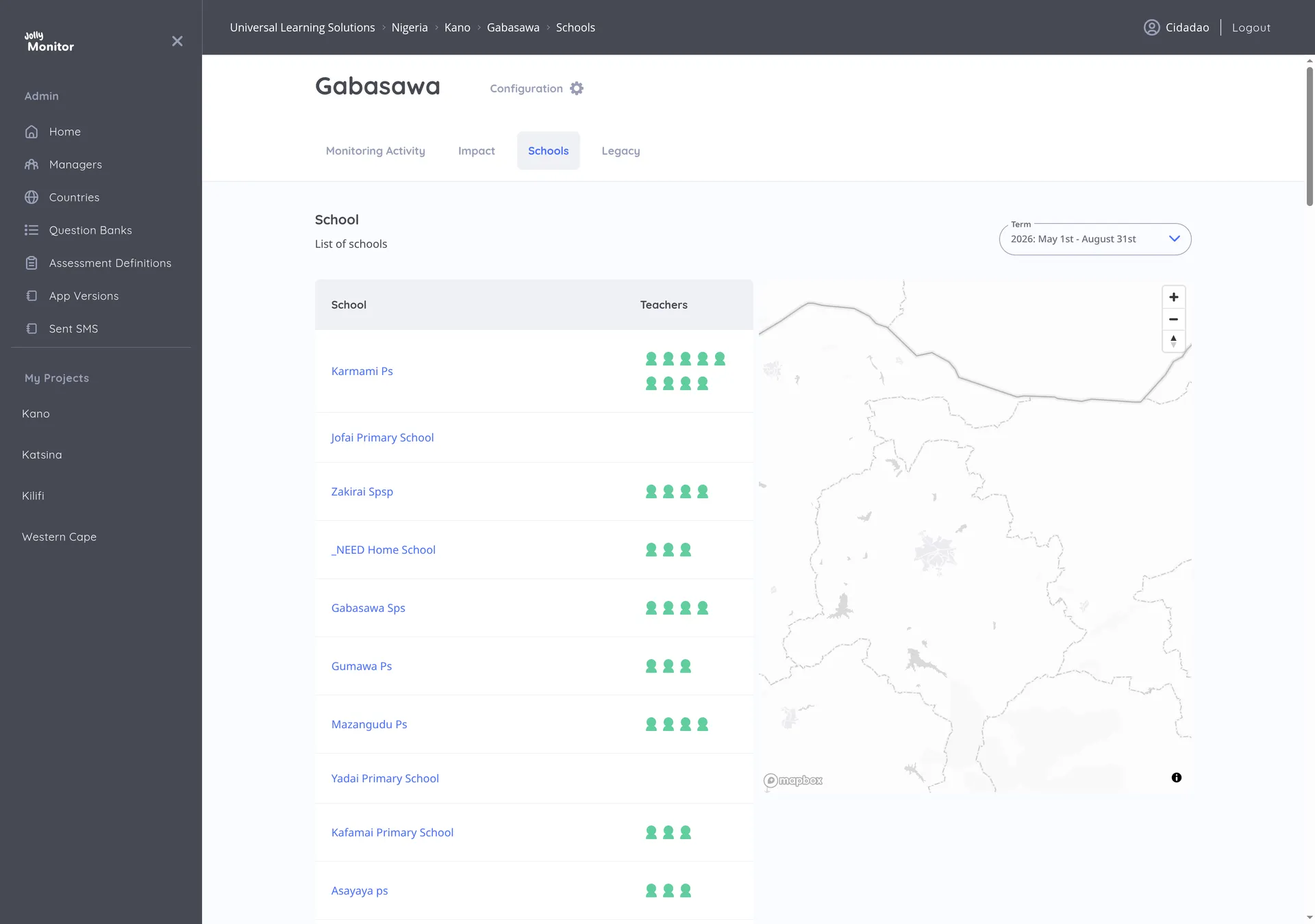 The Schools tab with the schools table, the coloured teacher icons and the map