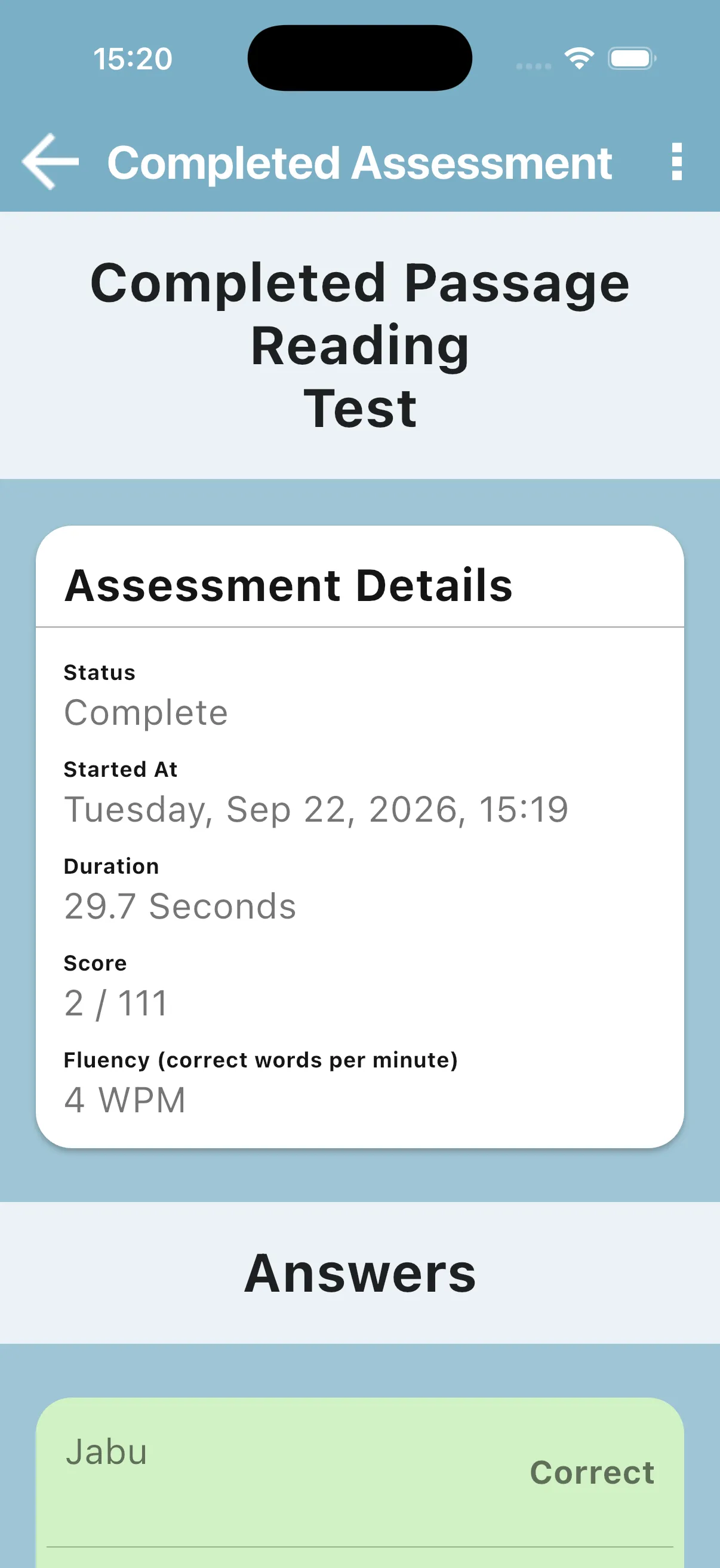 Illustrative completed passage result showing 2 correct words in 29.7 seconds and 4 WPM