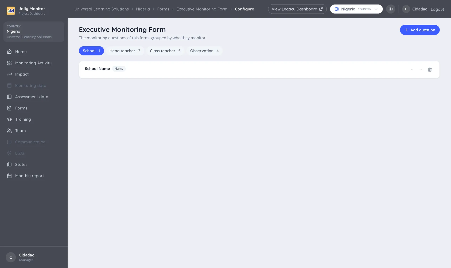 The Configure page showing a form's questions grouped by subject, with the Add question button