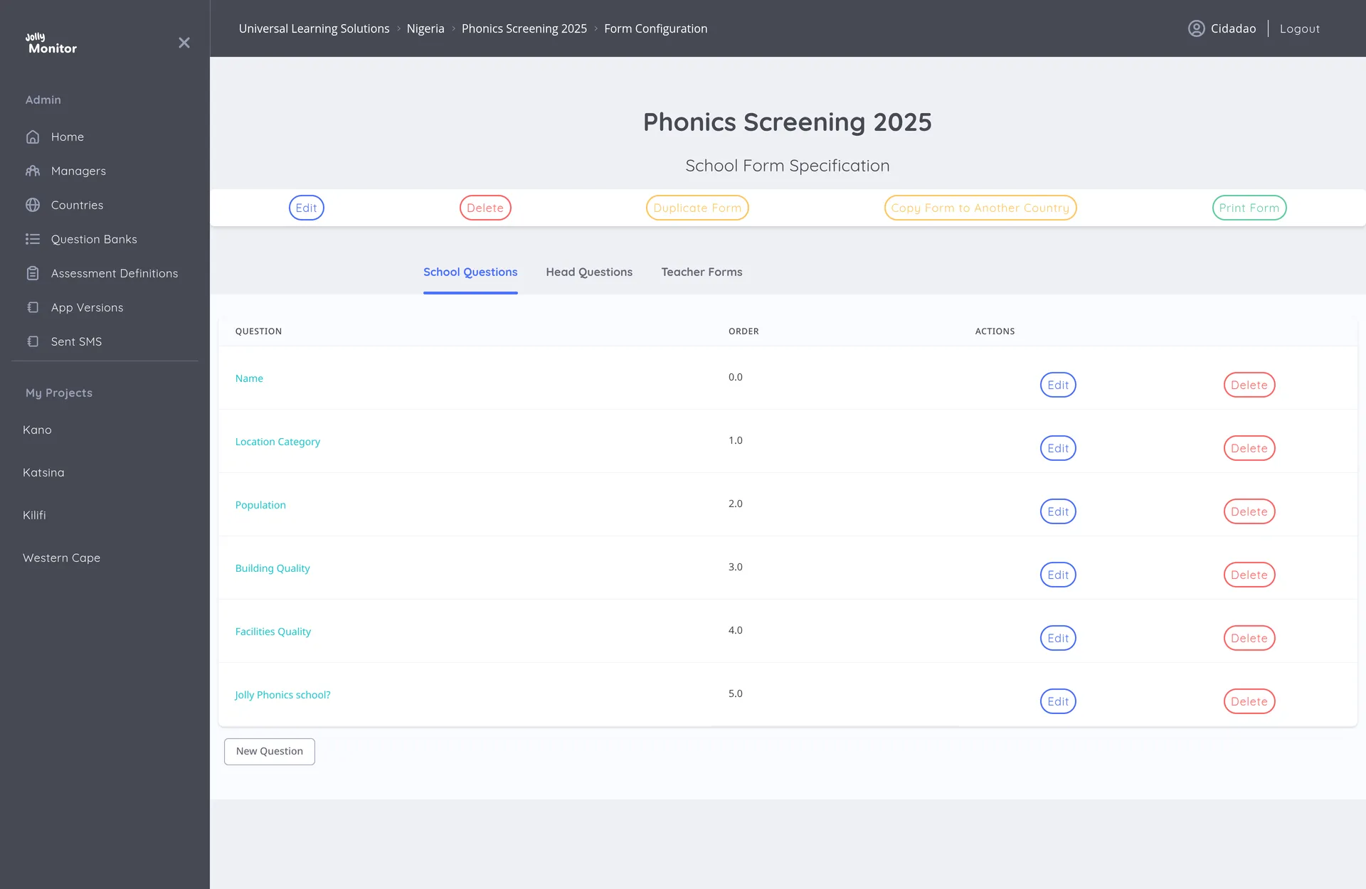 The Form Configuration page with the header buttons and the School Questions, Head Questions and Teacher Forms tabs