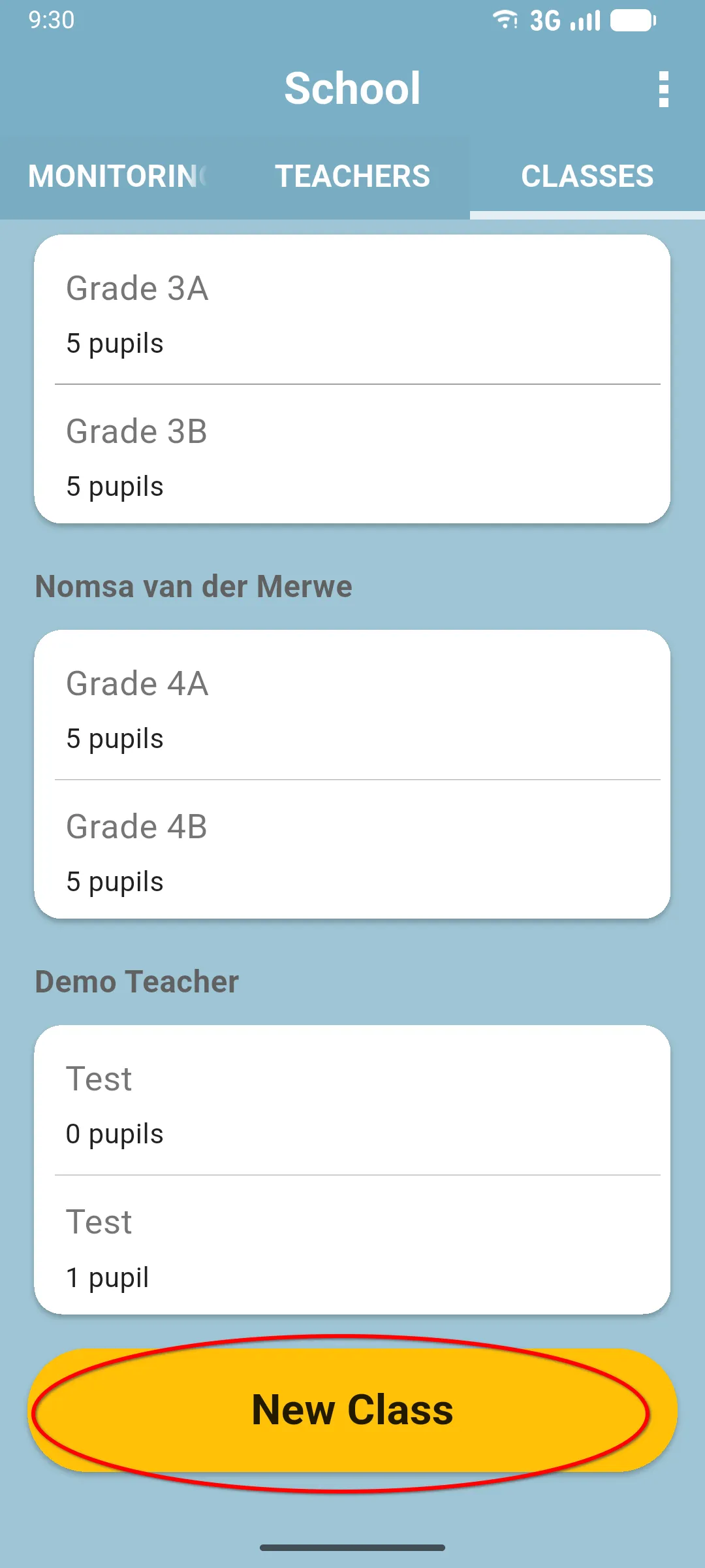 Head teacher's CLASSES tab showing every teacher's classes grouped by teacher