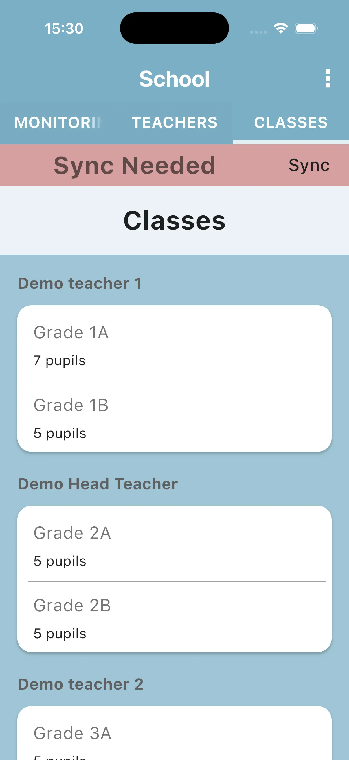 Headteacher Classes tab grouped by teacher