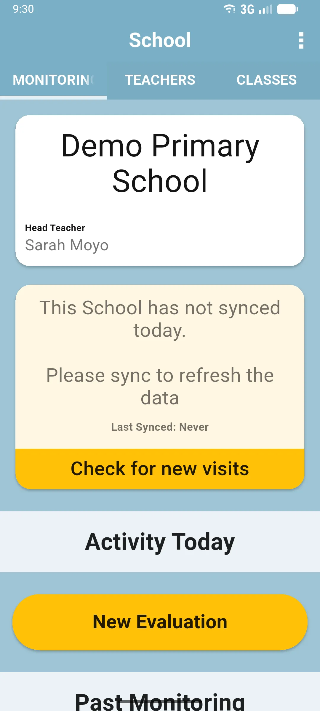 Head teacher home with MONITORING, TEACHERS and CLASSES tabs