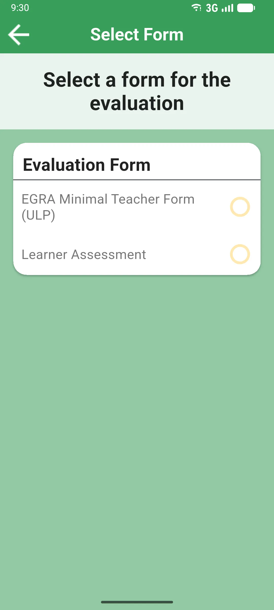 Select Form screen with the available evaluation forms
