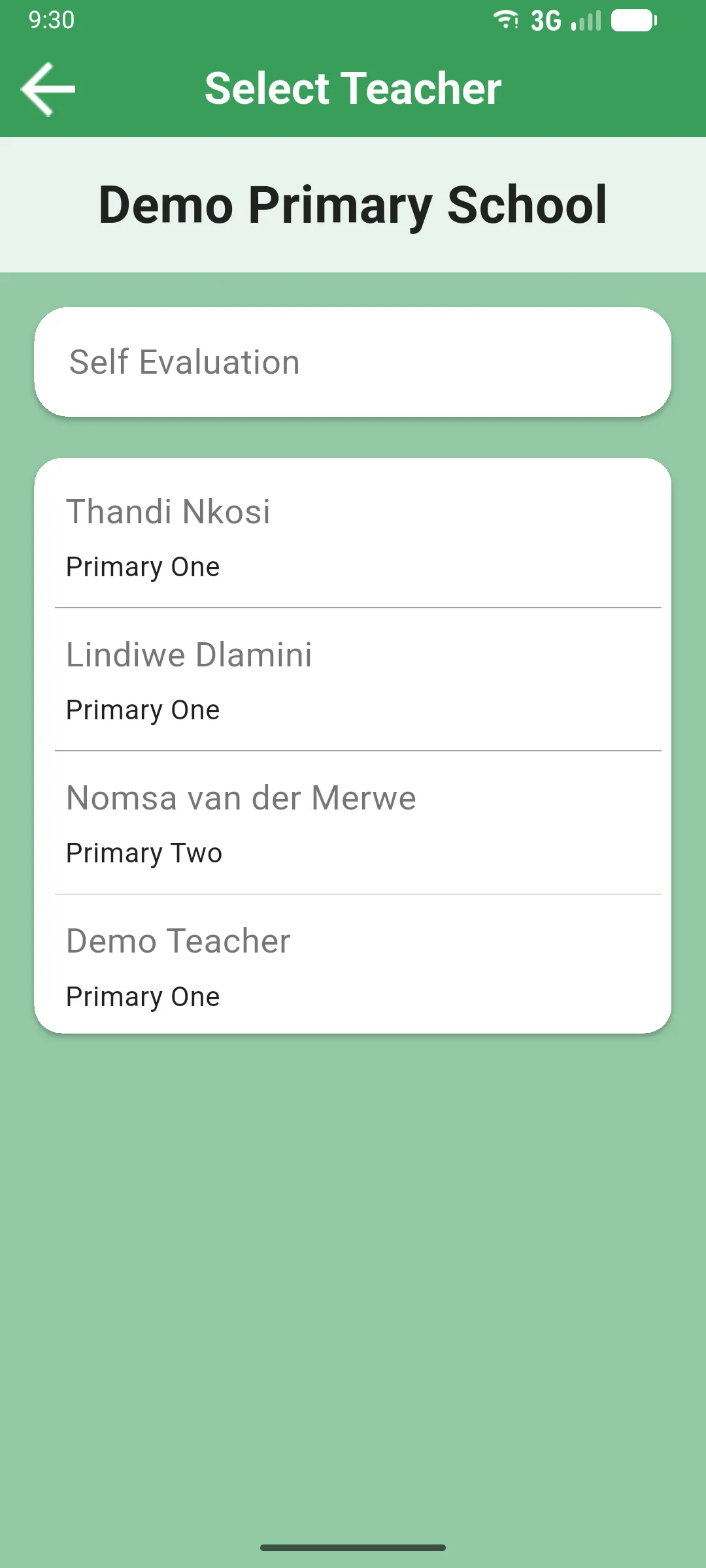 Head teacher's Select Teacher screen with the Self Evaluation card and the list of teachers
