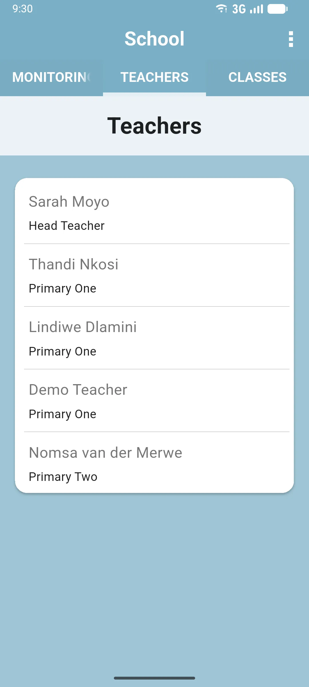TEACHERS tab listing every teacher at the school