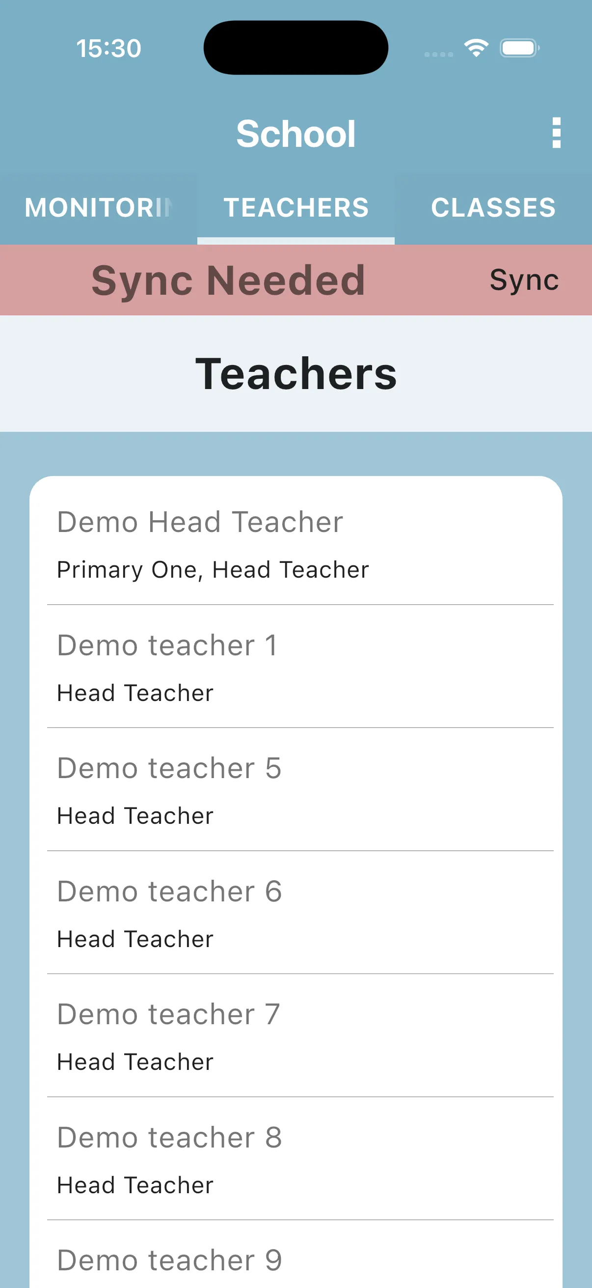 Head teacher's TEACHERS tab listing every teacher at the school
